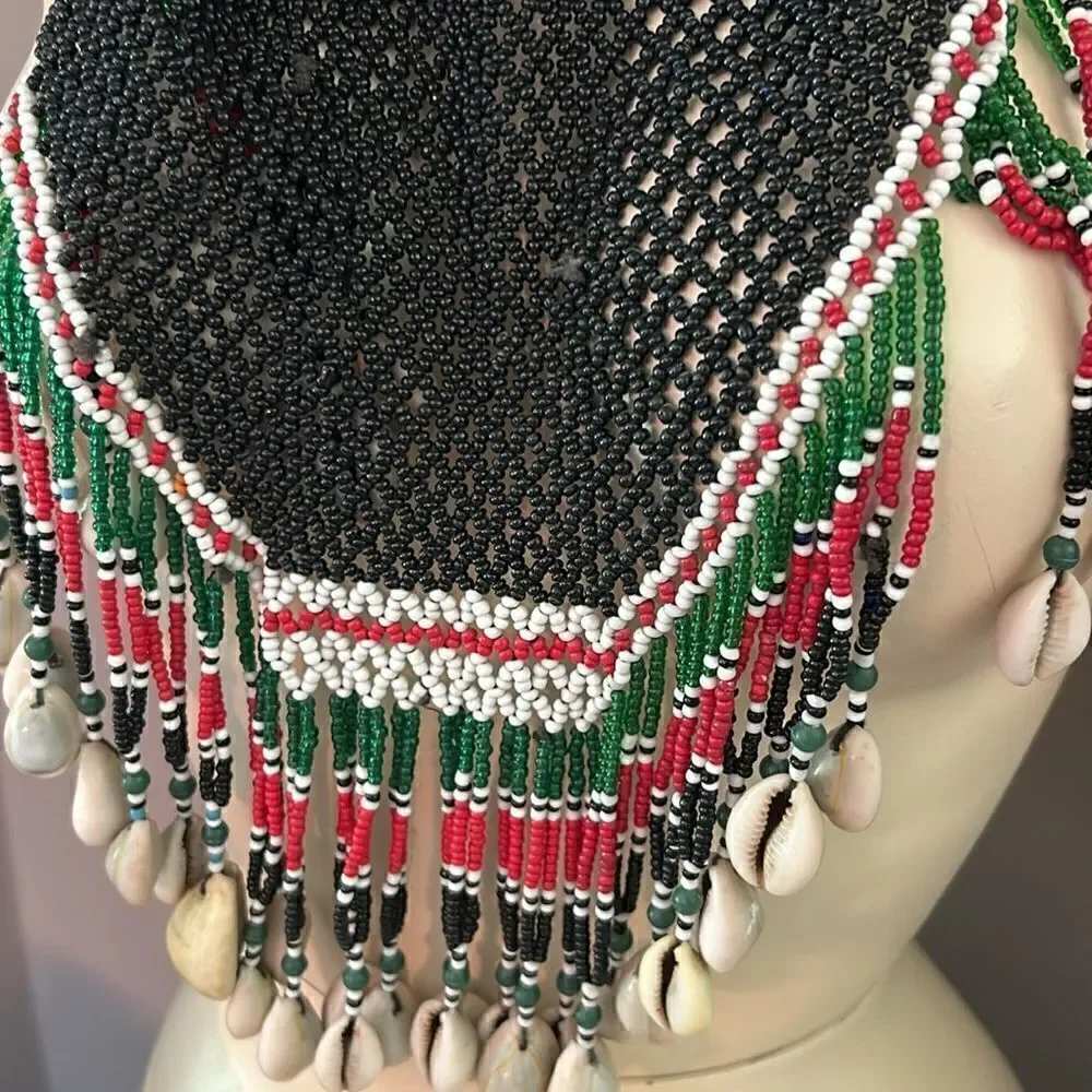 Vintage 60’s tie beaded dance skirt necklace or wall hanging cowrie shell bead